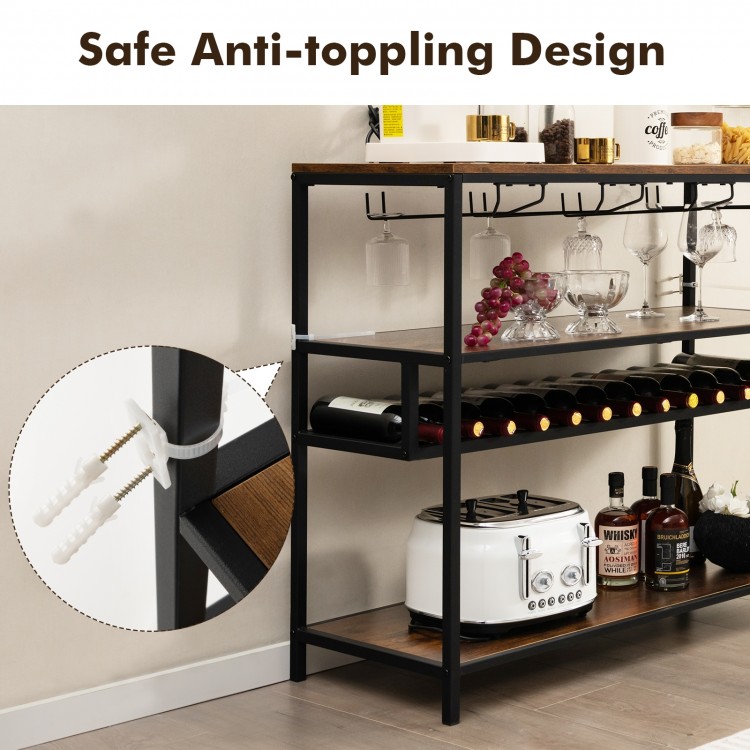 Wine rack table featuring anti-toppling design, 4 rows for 20 glasses, and sturdy metal construction for kitchen use.