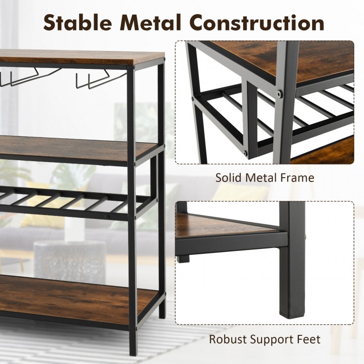Wine rack table featuring a stable metal construction with 4 rows for 20 glasses and 3 open shelves for storage.
