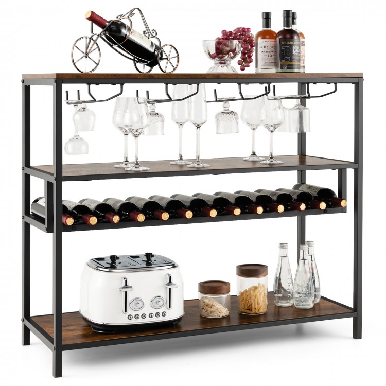 Wine rack table with 14-bottle capacity, showcasing a stylish design and ideal for displaying drinks and glassware.