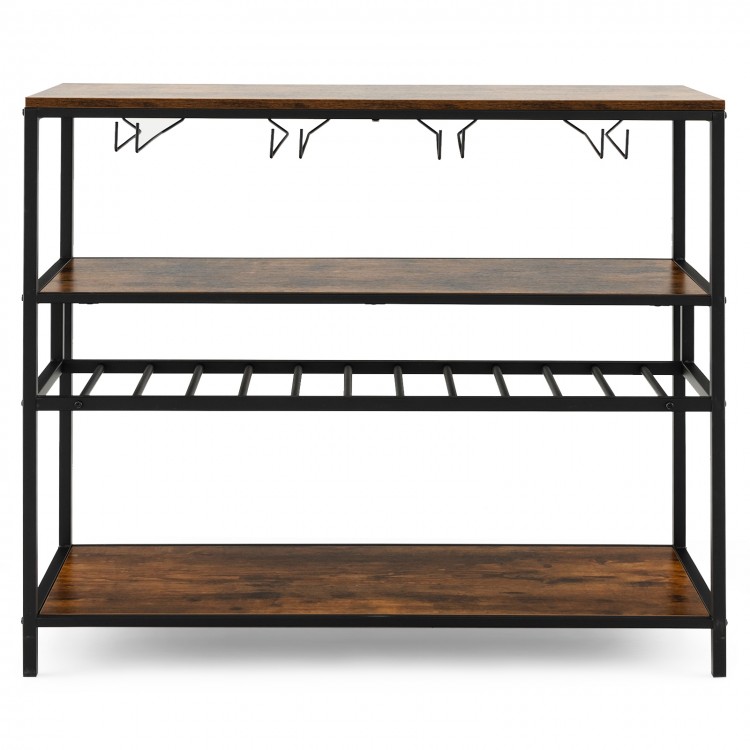 Wine rack table featuring 4 rows for 20 glasses, 3 open shelves, and a sturdy metal frame for kitchen or dining use.