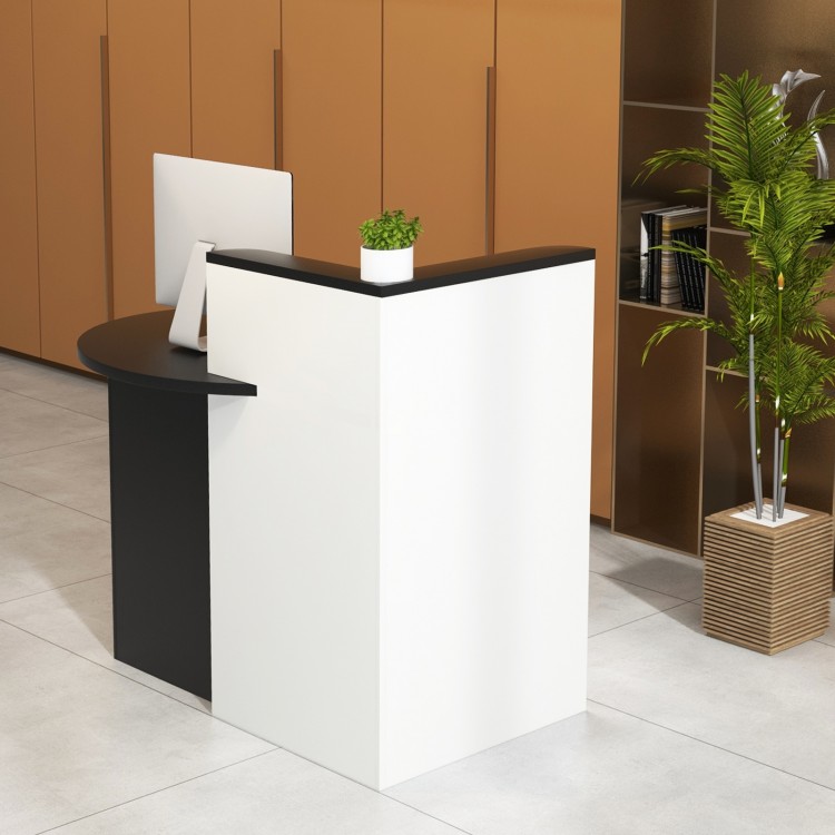 L-shaped black and white reception desk with adjustable shelf and lockable drawer, ideal for office or retail use.