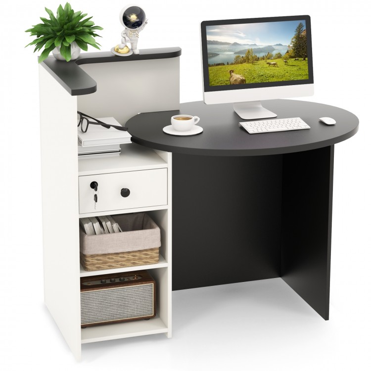 Front reception office desk in black and white with oval tabletop, adjustable shelf, and lockable drawer for secure.