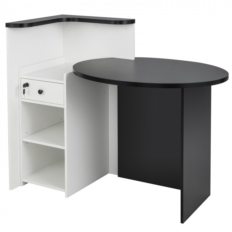 L-shaped black and white reception office desk with oval tabletop, adjustable shelf, and lockable drawer for secure.