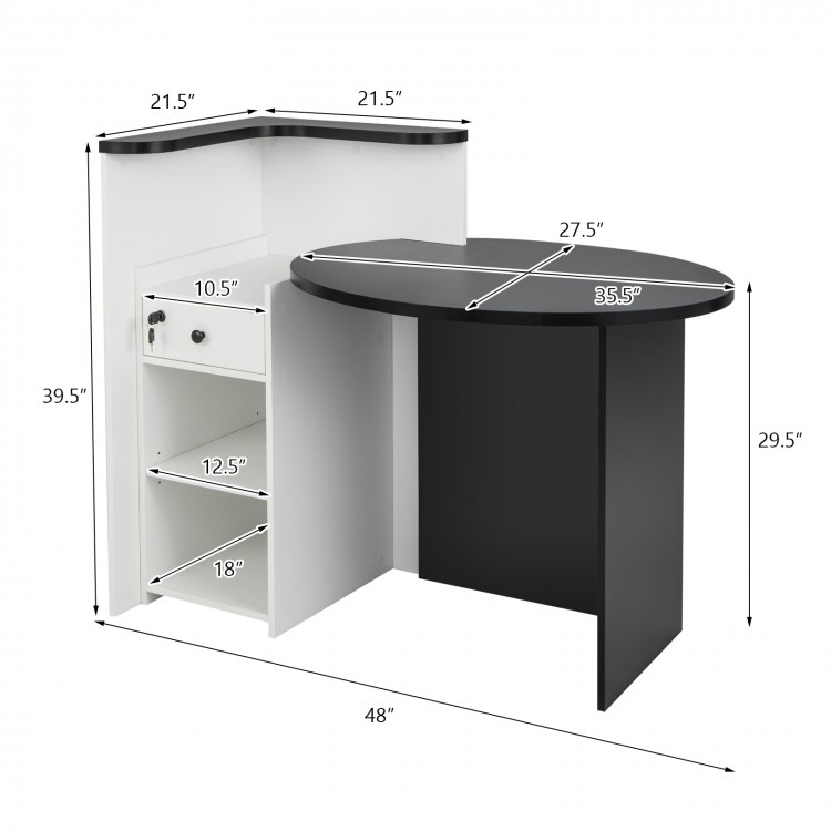 Front view of the Front Reception Office Desk in black and white, featuring an oval tabletop and adjustable shelf.