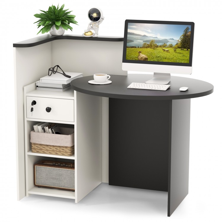 L-shaped black and white reception office desk with adjustable shelf and lockable drawer for organized storage.