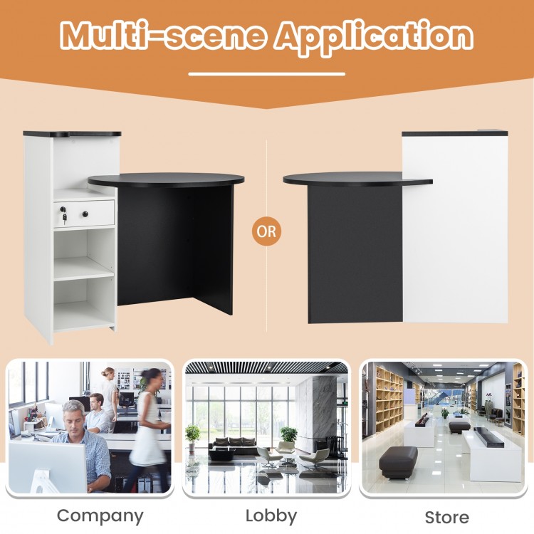 Front reception office desk in black and white with adjustable shelf and lockable drawer, ideal for office and retail.