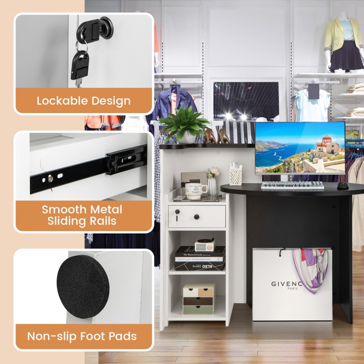Front reception office desk in black and white with lockable drawer, adjustable shelf, and non-slip foot pads for.