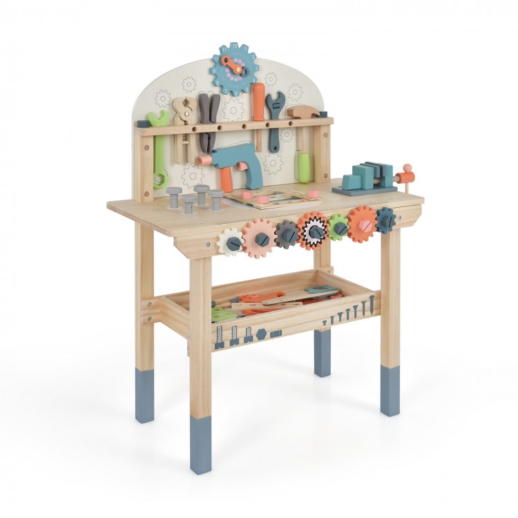 Kids play tool workbench featuring 8 wooden tools, 55 accessories, and a magnetic tool rack for creative play.