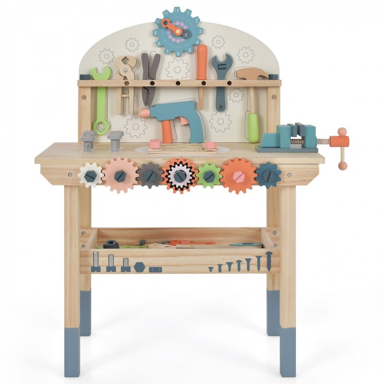 Kids play tool workbench with a sturdy wooden frame, featuring a bottom shelf for storing accessories and tools.