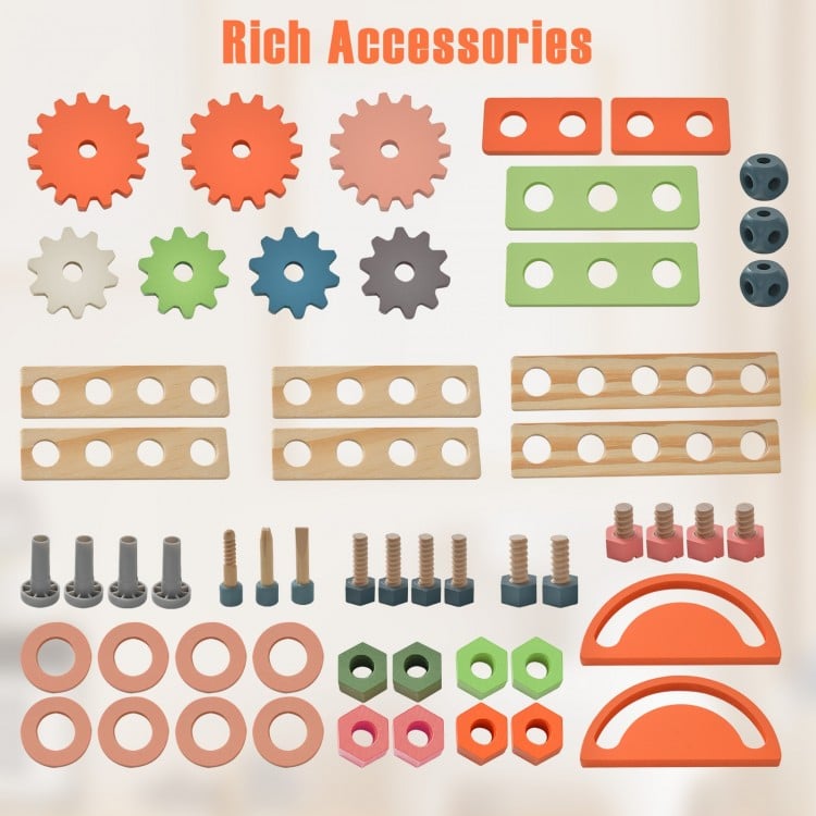 Colorful wooden accessories for kids' play tool workbench, including gears, screws, and storage components for creative.