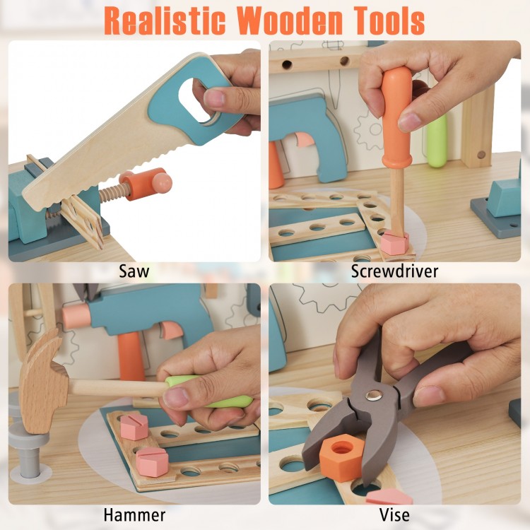 Kids play tool workbench featuring a saw, screwdriver, hammer, and vise with realistic wooden accessories for creative.