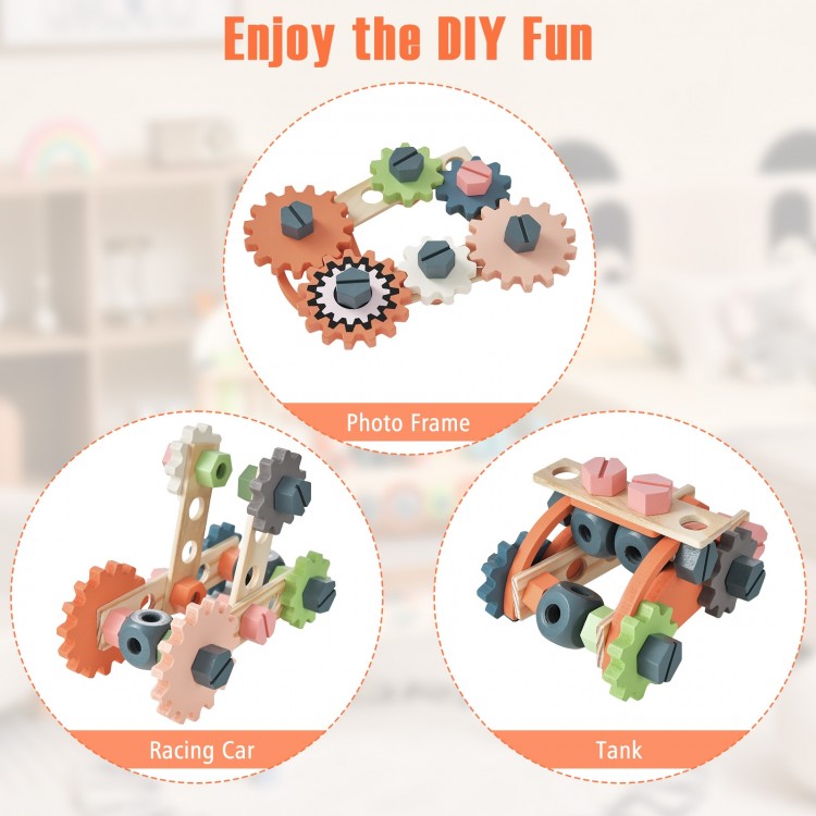 Colorful wooden accessories for kids' play tool workbench, including a racing car, tank, and photo frame for creative.
