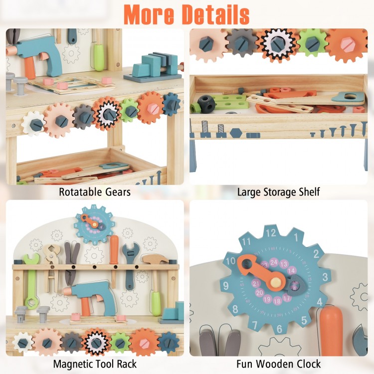 Kids play tool workbench featuring rotatable gears, a magnetic tool rack, and a large storage shelf for creative play.