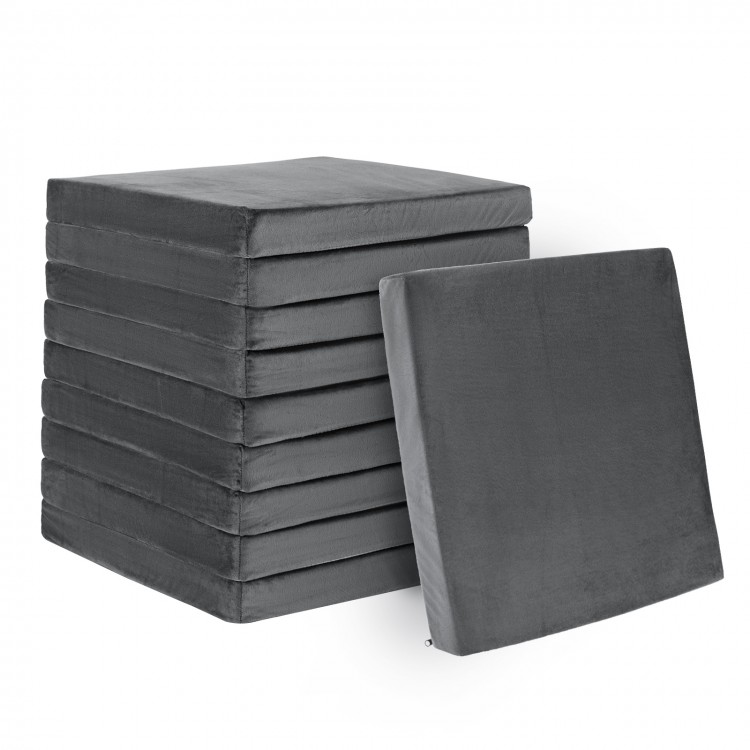 Stack of 10 gray seat cushions made with gel memory foam, featuring a breathable design and non-slip bottom for comfort.