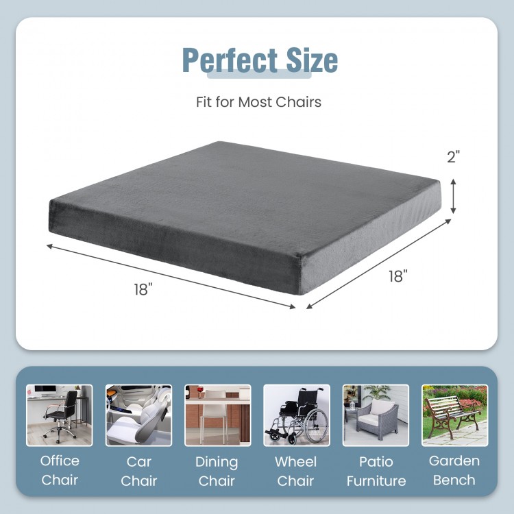 Gray gel memory foam seat cushion, 18x18 inches, ergonomic design for comfort, ideal for office and home use.