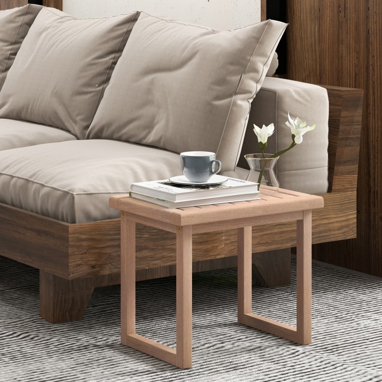 Natural teak wood bath spa stool with slat design, anti-slip foot pads, suitable for indoor and outdoor use.