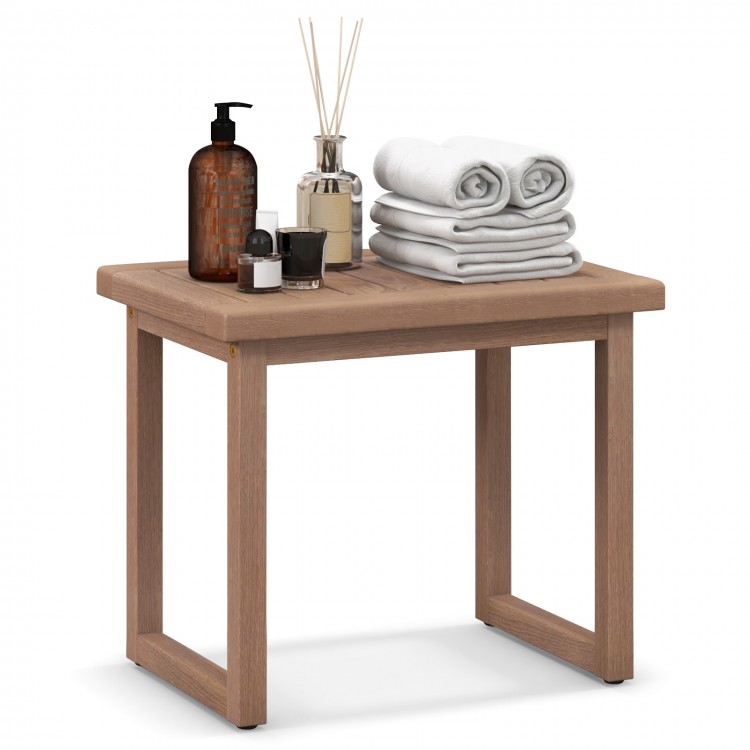 Natural teak wood bath spa stool with non-slip foot pads, ideal as a side table or storage shelf for indoor and outdoor.