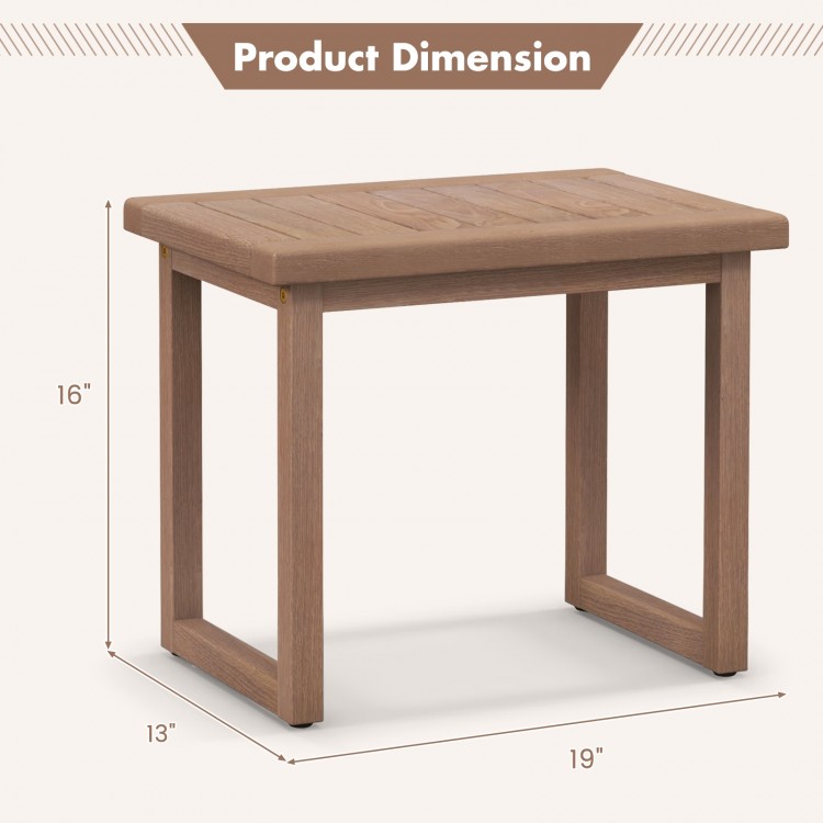 Natural teak wood bath spa stool with non-slip foot pads, 16" height, 19" width, suitable for indoor and outdoor use.