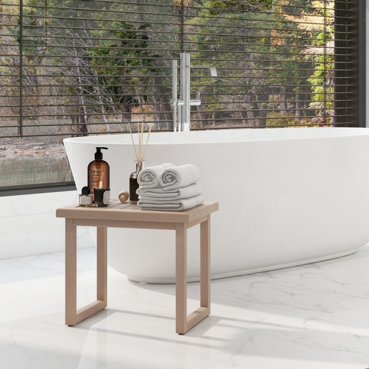Natural wood bath spa stool with towels, featuring non-slip foot pads, ideal for indoor and outdoor use.