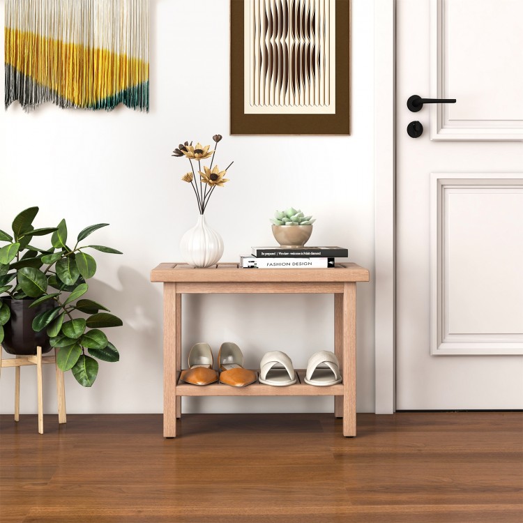 Teak shower bench with a 2-tier storage shelf, showcasing natural wood design for indoor or outdoor use.