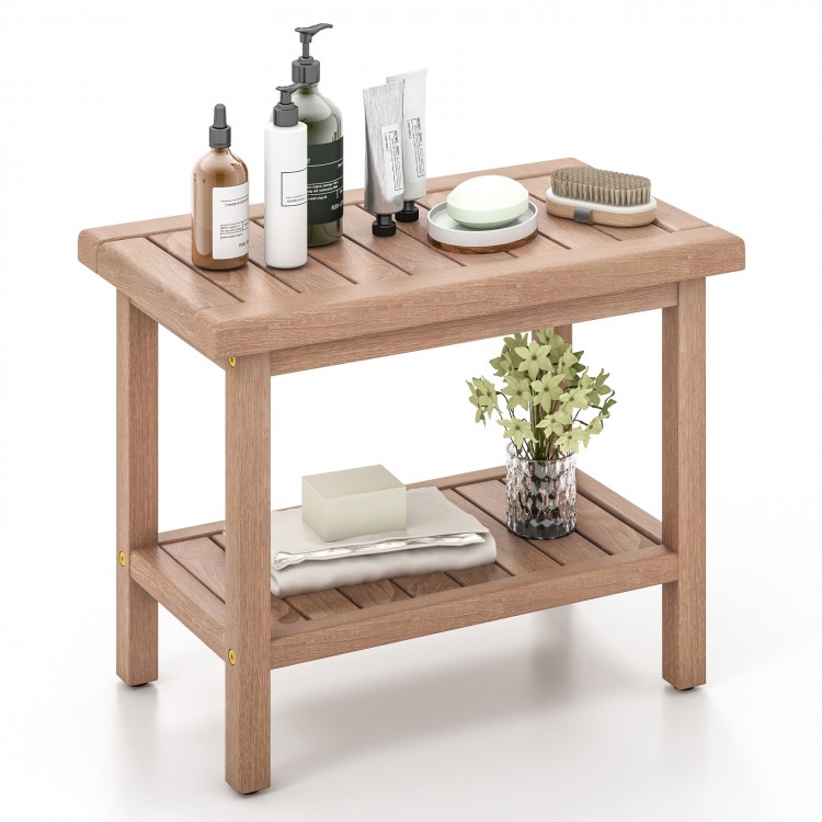 Teak shower bench with 2-tier storage shelf, featuring a ventilated slat design and non-slip rubber foot pads for.