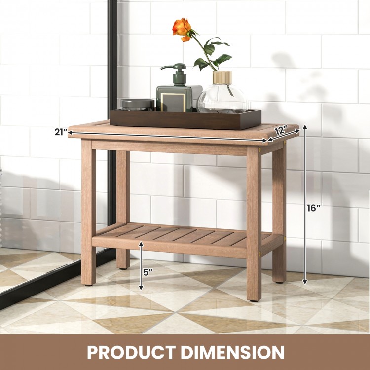 Teak shower bench with 2-tier storage shelf, 21 inches, featuring a ventilated slat design for indoor or outdoor use.