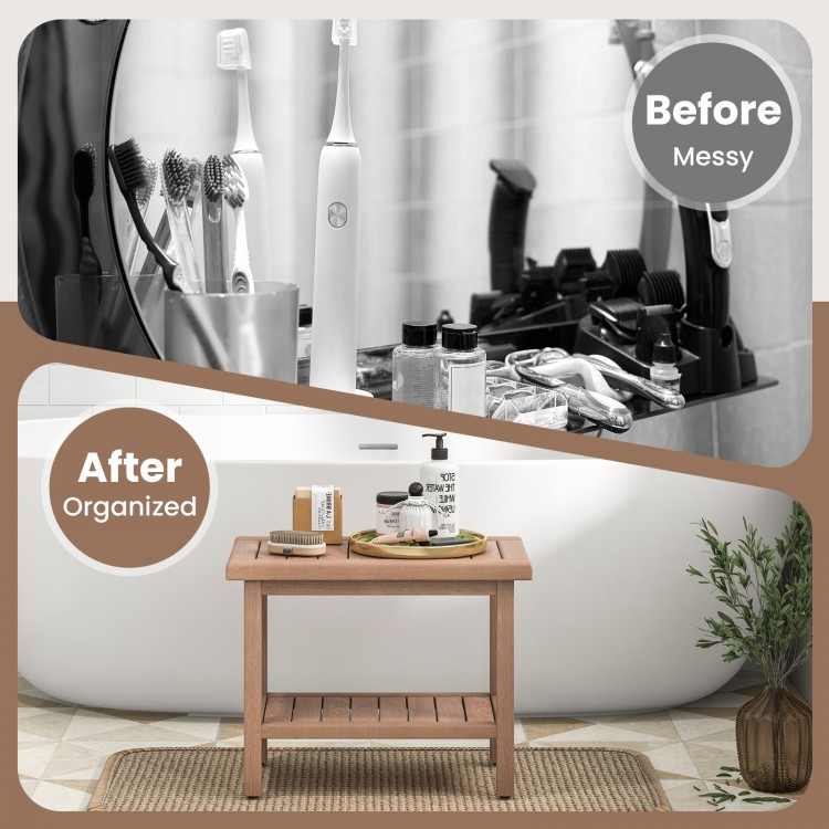 Teak shower bench with a 2-tier storage shelf, showcasing a stylish and organized bathroom setup for versatile use.
