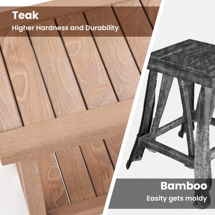 Teak shower bench with a 2-tier storage shelf, featuring a ventilated slat design for water resistance and stability.