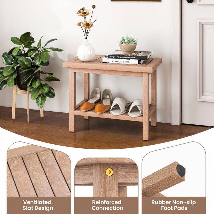 Teak shower bench with 2-tier storage shelf, ventilated slat design, and non-slip foot pads for indoor or outdoor use.