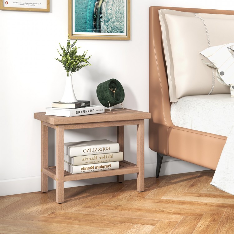 Teak shower bench with storage shelf, featuring a natural wood finish and ventilated slat design for indoor or outdoor.