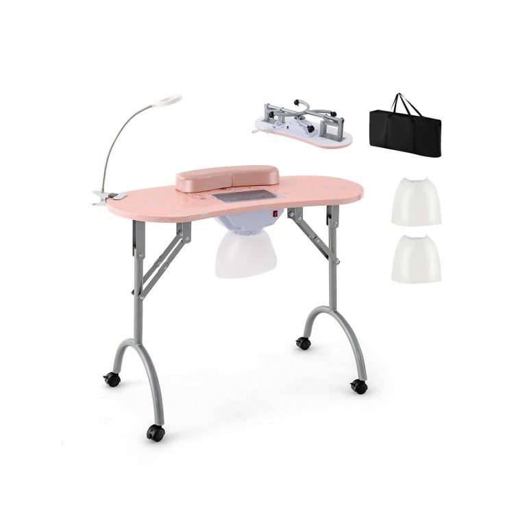 Manicure nail table in pink with built-in dust collector, bendable LED lamp, and portable design for easy mobility.