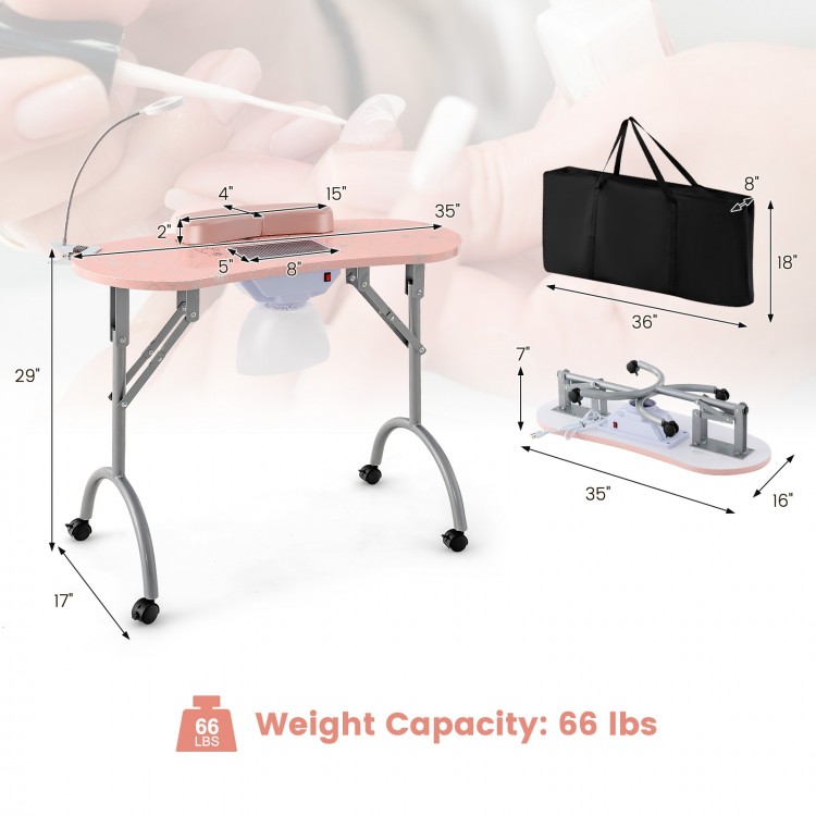 Manicure nail table in pink with bendable LED lamp, built-in dust collector, and 66 lbs weight capacity for easy.