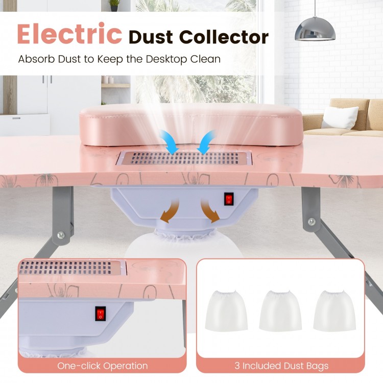 Manicure nail table in pink with built-in dust collector, USB LED lamp, and soft wrist pad for comfortable use.