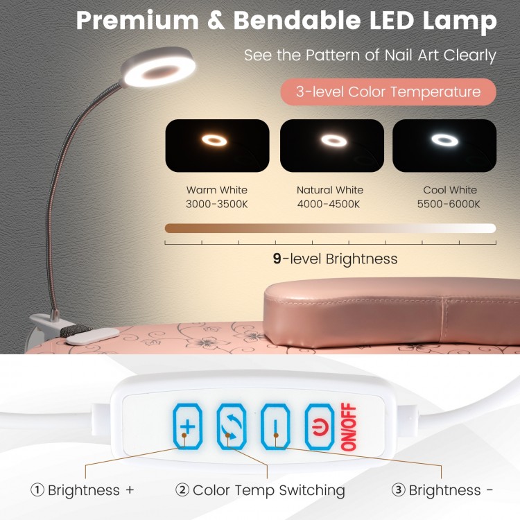 Bendable USB-plug LED table lamp in pink for manicure, featuring 3 color temperatures and 9 brightness levels.