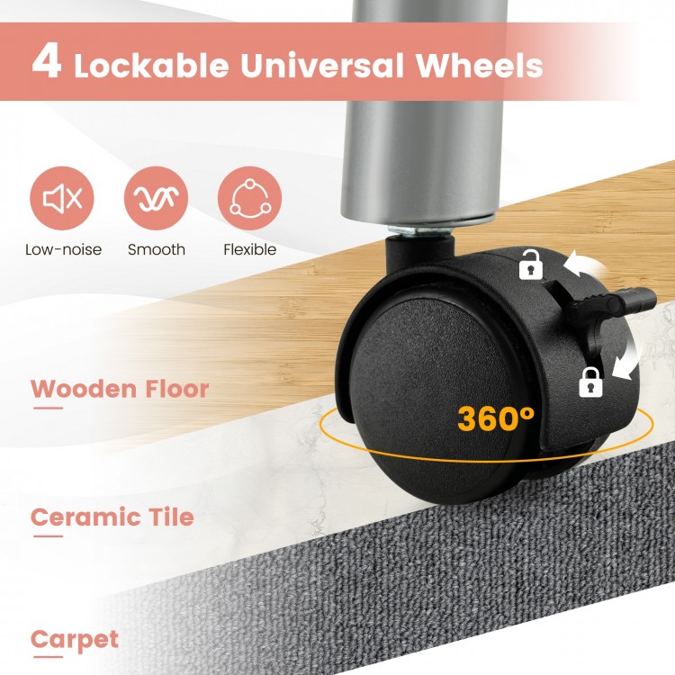 Close-up of 4 lockable universal wheels on a pink manicure nail table, designed for smooth movement on various surfaces.