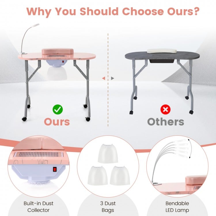 Manicure nail table in pink with built-in dust collector, USB LED lamp, and foldable design for easy transport.