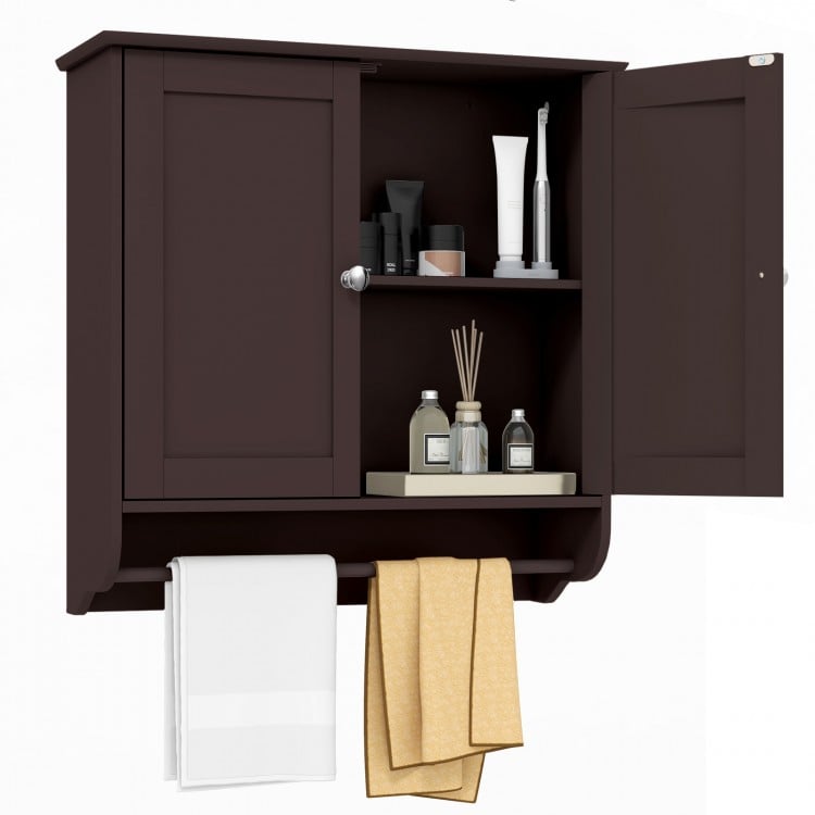 Wall mounted brown bathroom storage cabinet with adjustable shelves and practical towel bar for efficient organization.