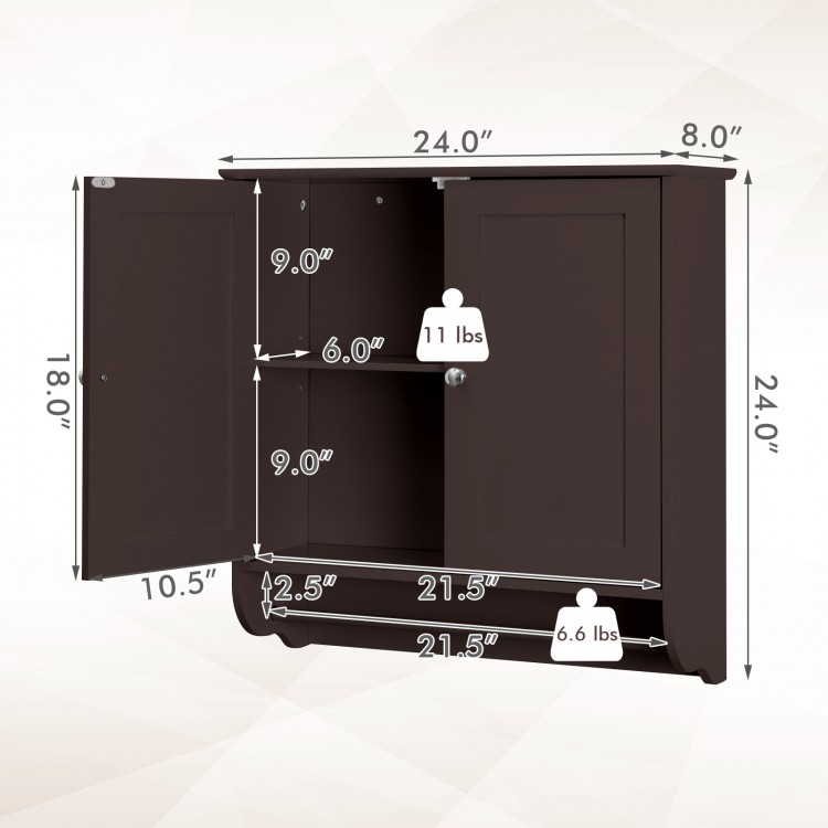 Wall-mounted brown bathroom storage cabinet with adjustable shelves and towel bar, measuring 24" x 18" x 8".