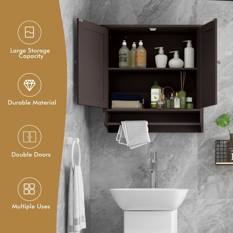 Wall mounted brown medicine cabinet with double doors, adjustable shelves, and towel bar for efficient bathroom storage.