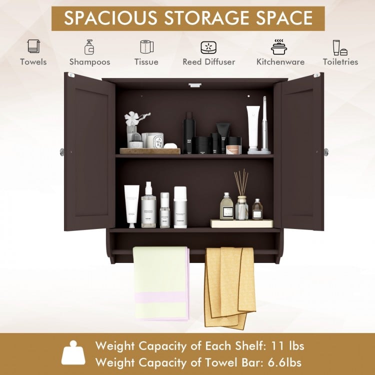 Brown wall-mounted bathroom storage cabinet showcasing spacious interior with three adjustable shelves and towel bar.
