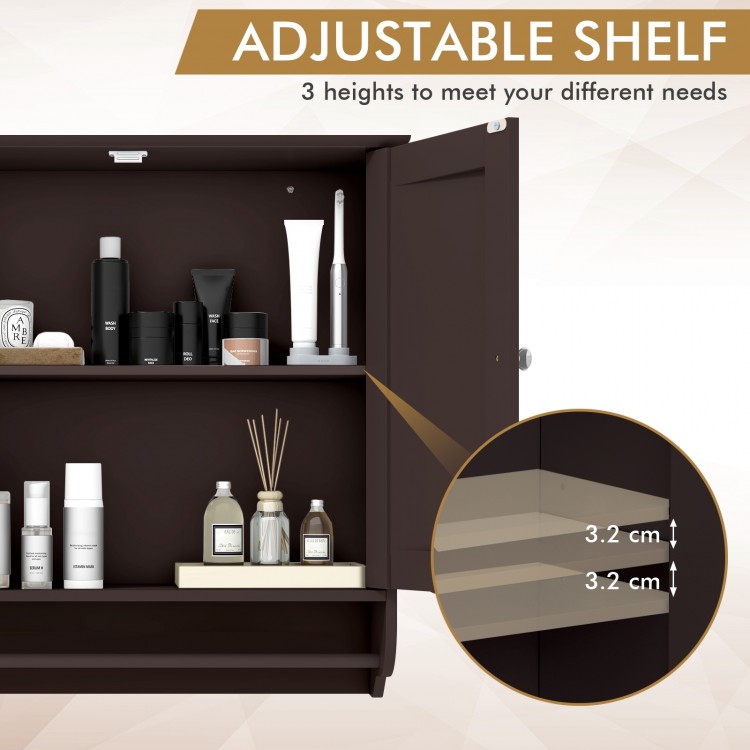 Wall mounted bathroom storage cabinet in brown with adjustable shelf and towel bar for efficient space utilization.