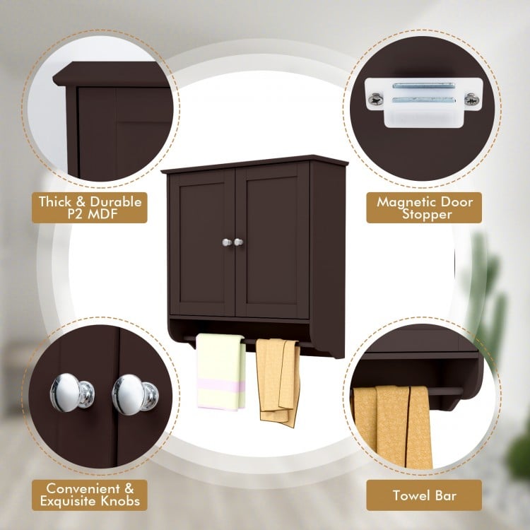 Wall mounted bathroom storage cabinet in brown with towel bar, adjustable shelves, and magnetic door stopper for.