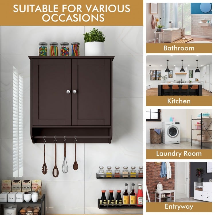 Wall mounted brown bathroom storage cabinet with adjustable shelves and practical towel bar for organized space-saving.