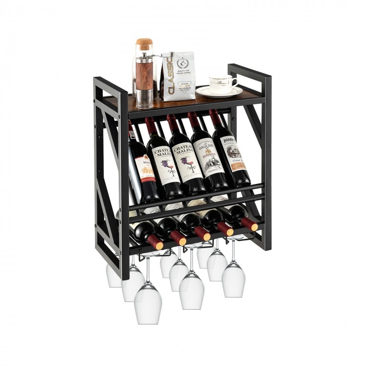 10-bottle wall mounted wine rack with glass holder, featuring a spacious top and slanted design for efficient storage.