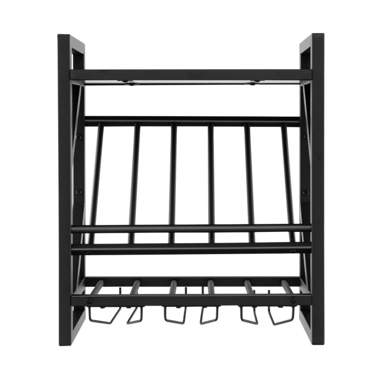 Wall-mounted wine rack featuring a spacious top, slanted design for 10 bottles, and 3 rows for 12 glasses.