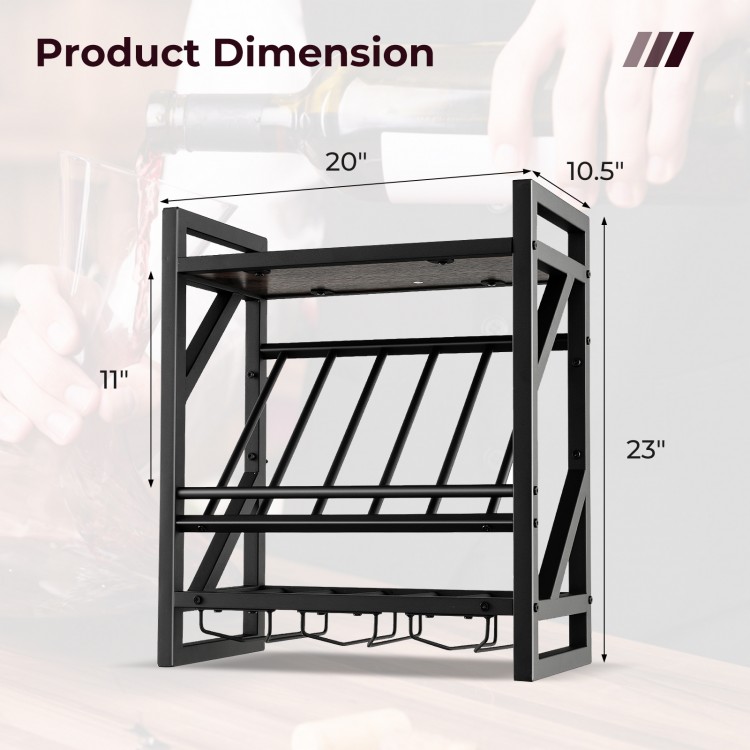 10-bottle wall-mounted wine rack with glass holder, featuring a spacious top and slanted design for efficient storage.