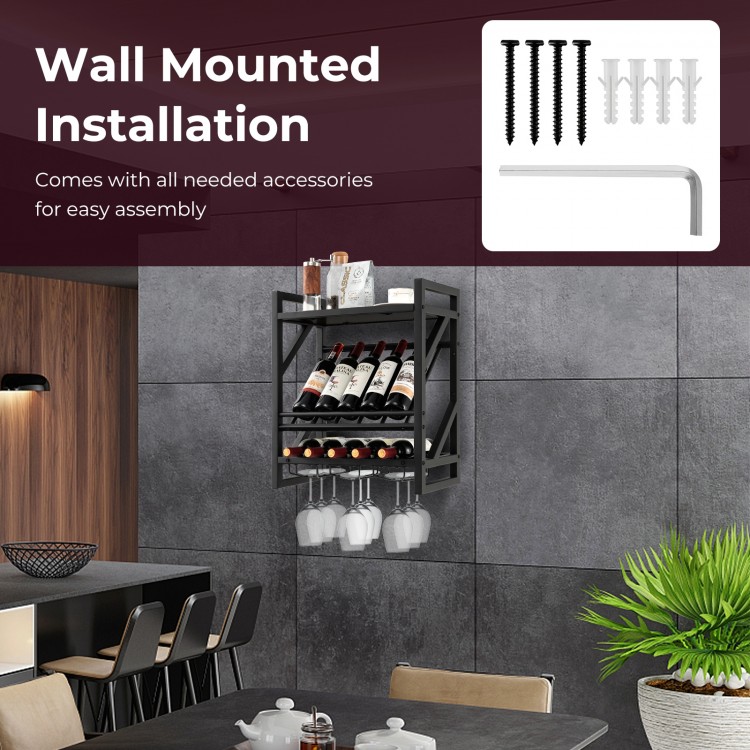 Wall-mounted wine rack for 10 bottles and 12 glasses, featuring a durable metal frame and slanted design for easy.
