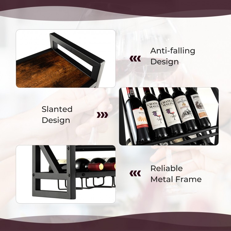 Wall-mounted wine rack with slanted design, holding 10 bottles and 12 glasses, featuring a reliable metal frame for.
