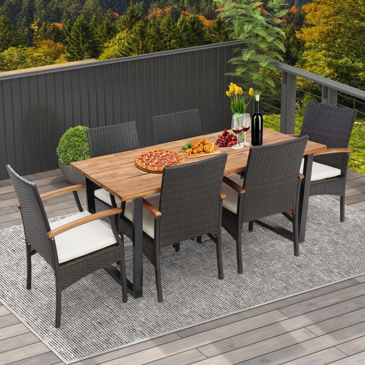 7 Pieces Outdoor Wicker Chair and Dining Table Set-Wood Handrail - Gallery View 1 of 14