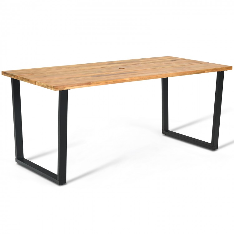 Acacia wood tabletop dining table with heavy-duty metal legs, featuring a 2-inch umbrella hole for outdoor use.